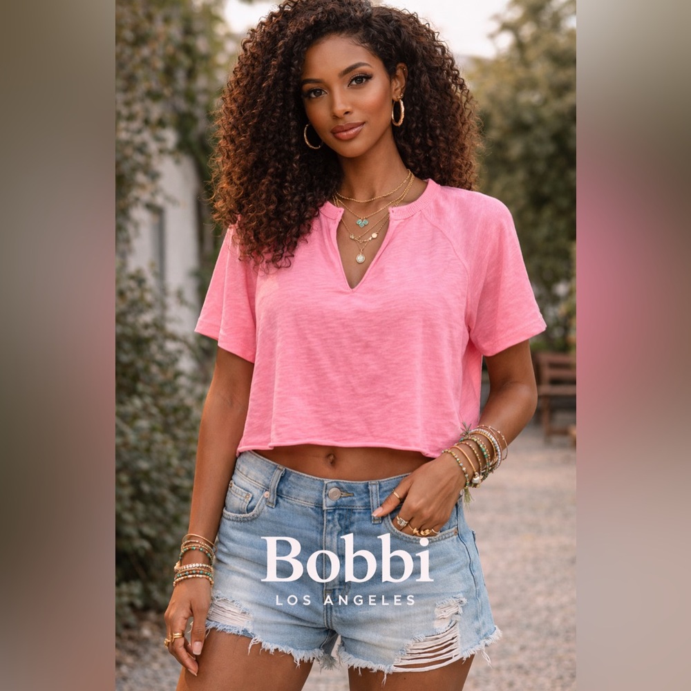 Bobbi Los Angeles Cropped Notch-Neck Tee - Pink
